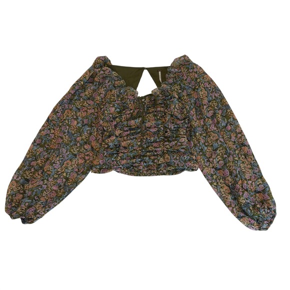 Free People Tops - Free People Shirt Womens XS Green Floral Smocked Mabel Puff Sleeve Boho Top